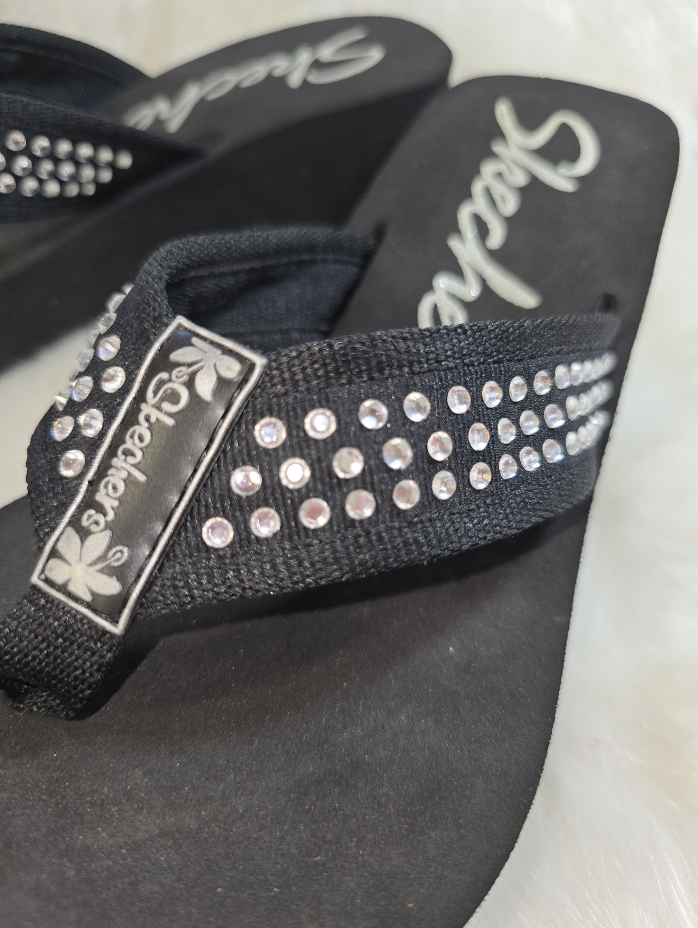 Skechers Black Rhinestone Chunky Foam Wedge Sandals - Picture 2 of 8